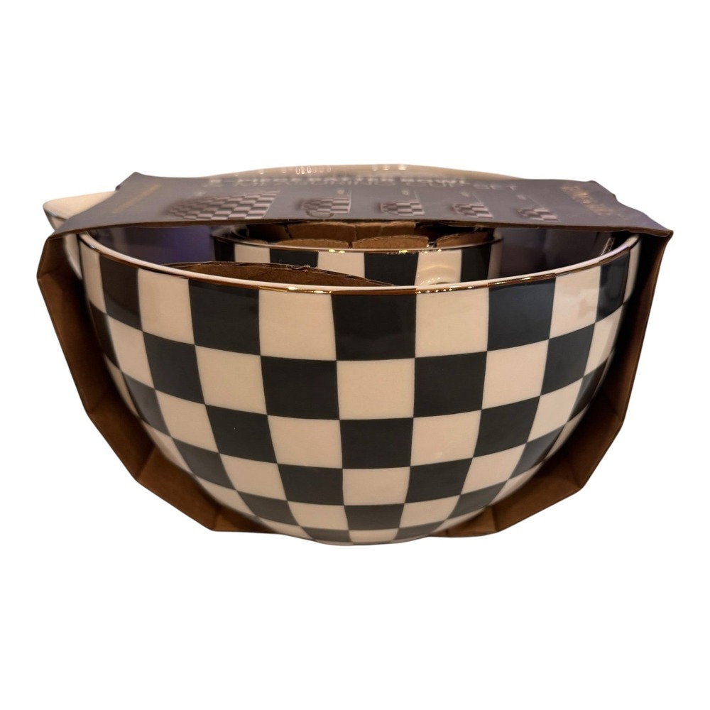 Thyme & Table 5-Piece Ceramic Mixing Bowl and Measuring‎ Set - Black Checkered